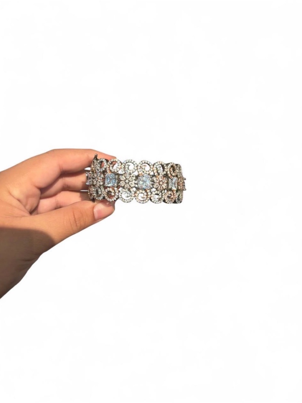 Rhinestone Silver-Tone Floral Link Bracelet - Sparkling Women's Jewelry